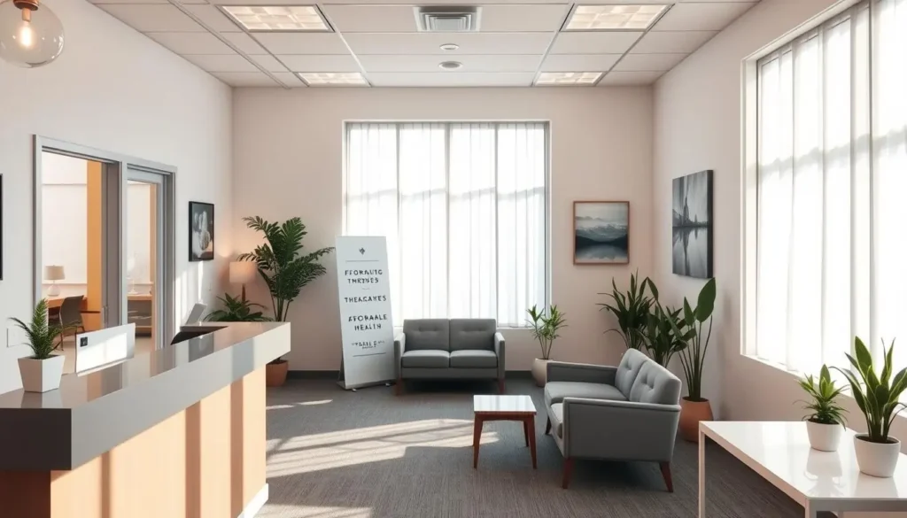 A contemporary counseling office interior, flooded with warm, natural light from large windows. The foreground features a reception desk with a friendly, welcoming receptionist, and comfortable seating areas. The middle ground showcases private therapy rooms, with discreet signage indicating affordable mental health services. The background depicts a clean, minimalist aesthetic, with soothing wall art and potted plants, conveying a sense of calm and approachability. The overall atmosphere is professional yet inviting, designed to put clients at ease and encourage them to seek the help they need.