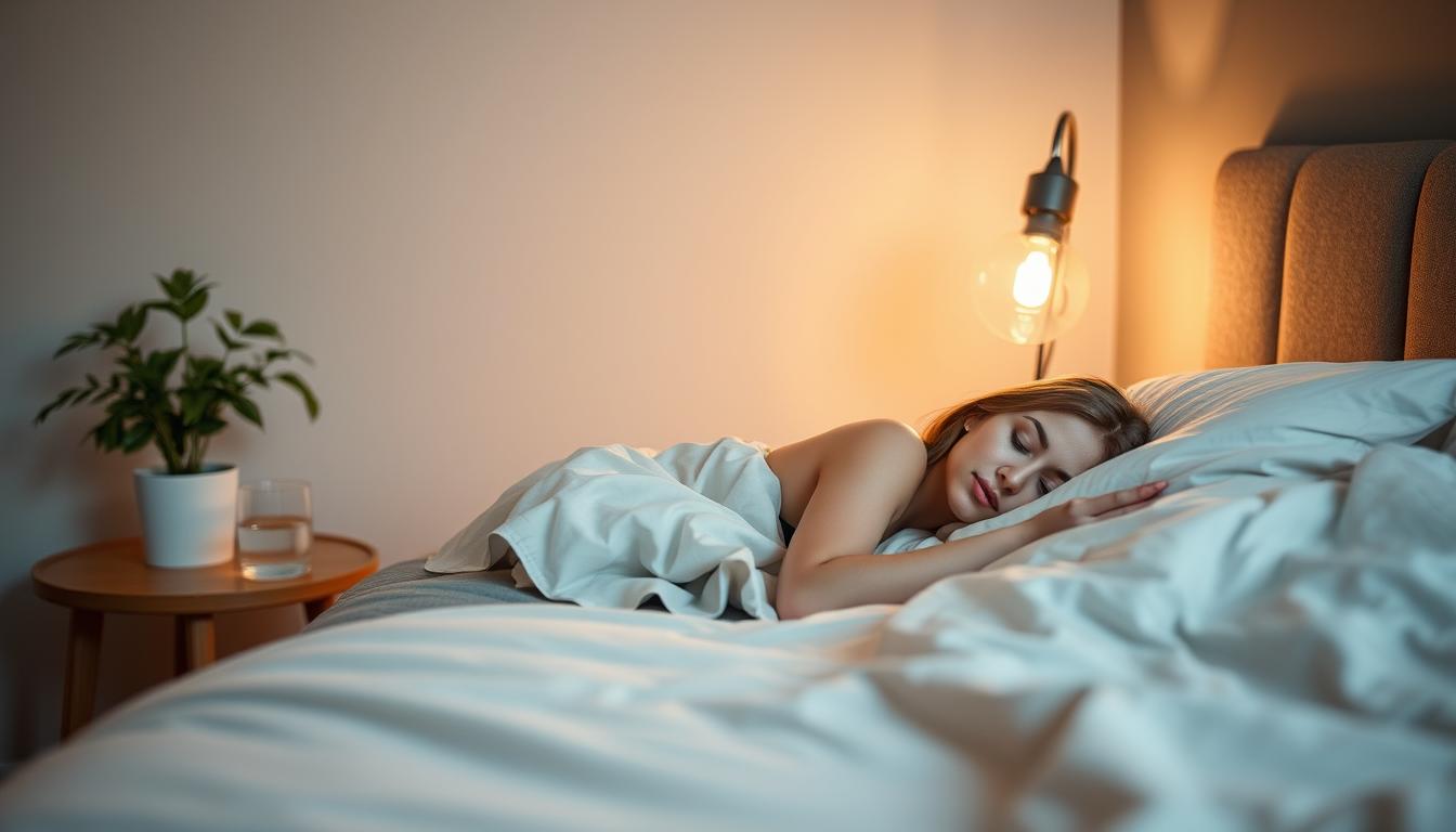 A cozy bedroom scene with a peaceful, soothing atmosphere. In the foreground, a person resting on a plush mattress, tucked under soft, neutral-colored bedding. Gentle lighting from a lamp on a bedside table casts a warm glow, creating a sense of tranquility. In the middle ground, a potted plant and a glass of water symbolize the importance of sleep hygiene for anxiety relief. The background features muted, calming colors on the walls, evoking a calming, restorative environment. The overall composition conveys a serene, comforting scene that promotes restful sleep and emotional well-being.