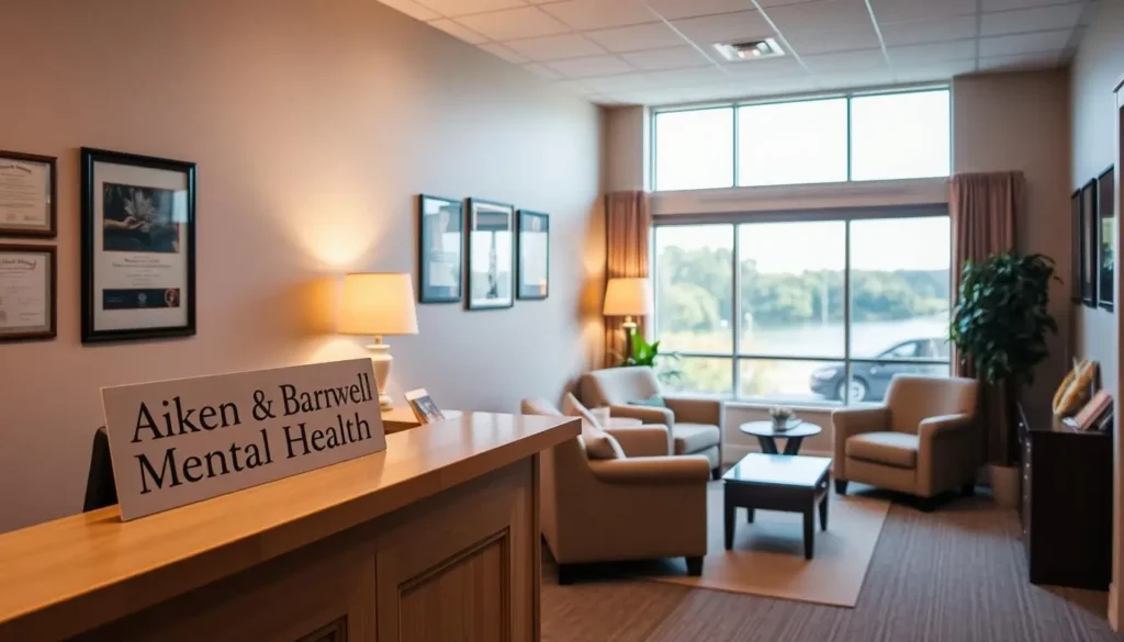 A tranquil office interior, with warm lighting and a comfortable atmosphere. In the foreground, a reception desk with a welcoming sign that reads "Aiken Barnwell Mental Health". Behind it, a cozy waiting area with plush chairs and a small table displaying magazines. The walls are adorned with framed certificates and diplomas, exuding a sense of professionalism and expertise. In the background, a large window overlooking a serene outdoor scene, providing a calming view. The overall scene conveys a safe, trustworthy, and caring environment for mental health services.