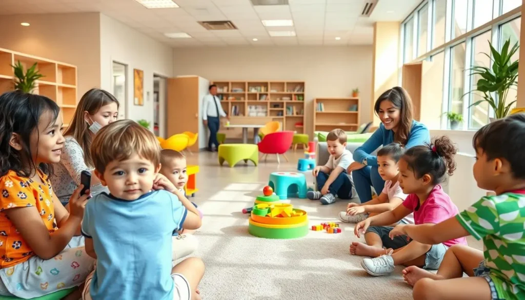 A warm, welcoming child-friendly clinic, with a vibrant, cheerful atmosphere. In the foreground, a group of children of diverse ages and backgrounds engaged in structured therapeutic activities, supervised by attentive and caring staff. The middle ground features a comfortable waiting area with colorful furniture and educational toys, creating a sense of safety and security. The background showcases the clinic's modern, well-equipped facilities, with an abundance of natural light streaming through large windows, conveying a sense of openness and healing. The overall mood is one of compassion, support, and a deep commitment to nurturing the mental well-being of young individuals.
