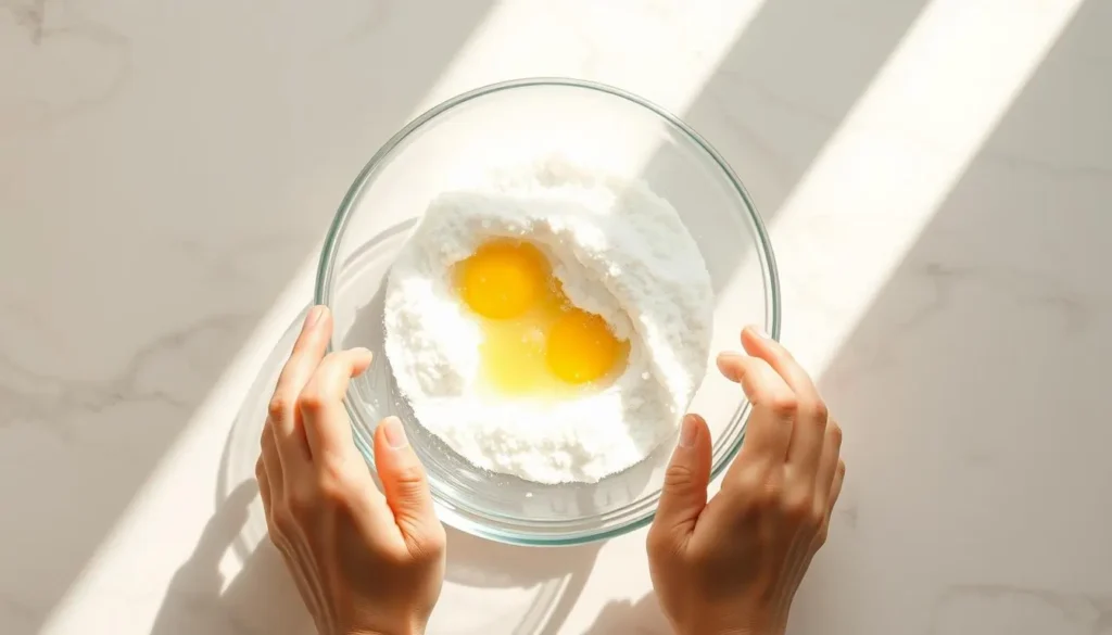 A beautifully lit overhead shot of two hands gently mixing baking soda and freshly squeezed lemon juice in a clear glass bowl. The combination creates a gentle fizzing reaction, with tiny bubbles forming on the surface. The ingredients are arranged on a pristine white marble countertop, with natural sunlight streaming in from the side, casting warm, even shadows. The composition is clean and minimalist, allowing the dynamic interplay of the baking soda and lemon to be the focal point. A sense of simplicity and natural remedy permeates the scene, hinting at the soothing, effective properties of this homemade skin treatment.