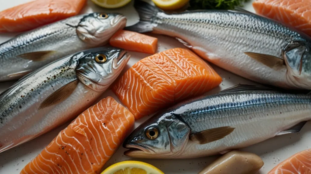A close-up photograph of a colorful assortment of fresh, high-quality fish, including salmon, tuna, and mackerel, against a plain white background. The fish are arranged in a visually appealing manner, highlighting their natural textures and vibrant hues. Soft, even lighting from above casts gentle shadows, emphasizing the fish's contours and showcasing their nutritional value for weight management. The overall composition is clean, simple, and designed to draw the viewer's attention to the health benefits of incorporating these diverse seafood options into a balanced diet.