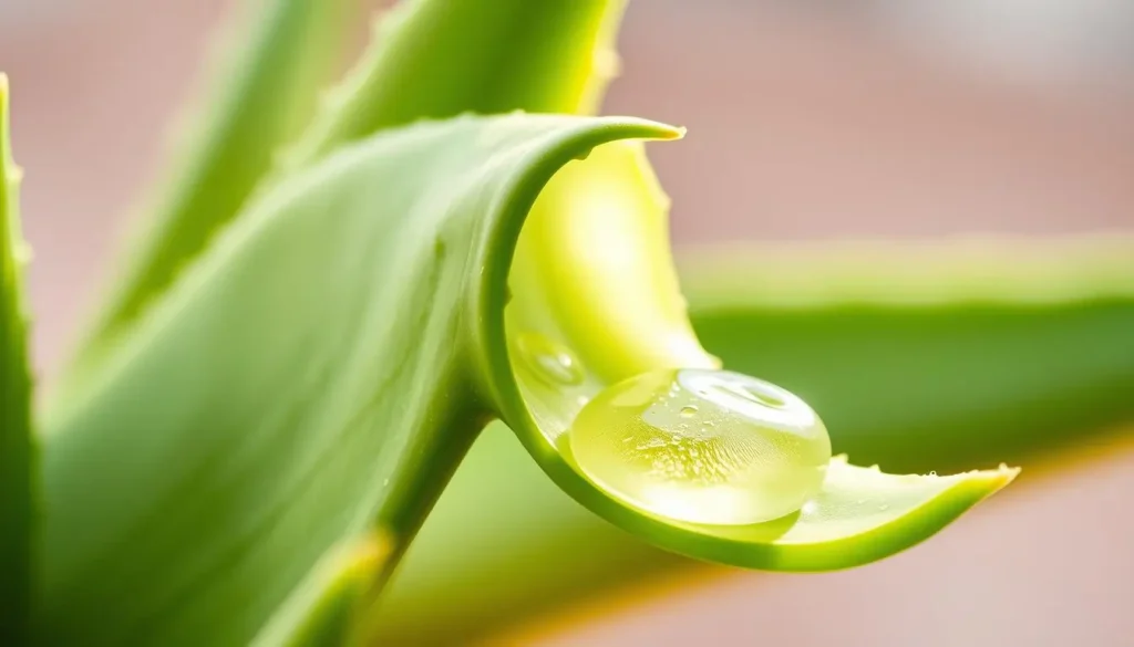 A close-up view of an aloe vera leaf's translucent, gel-like interior, illuminated by soft, natural lighting. The thick, fleshy leaf fills the frame, its textured surface and vibrant green hue contrasting beautifully. In the foreground, the aloe vera gel glistens, its soothing and restorative properties evident. The background is blurred, placing the focus entirely on the aloe vera, a natural remedy for dark underarms. The image conveys a sense of simplicity, purity, and the power of this versatile plant.