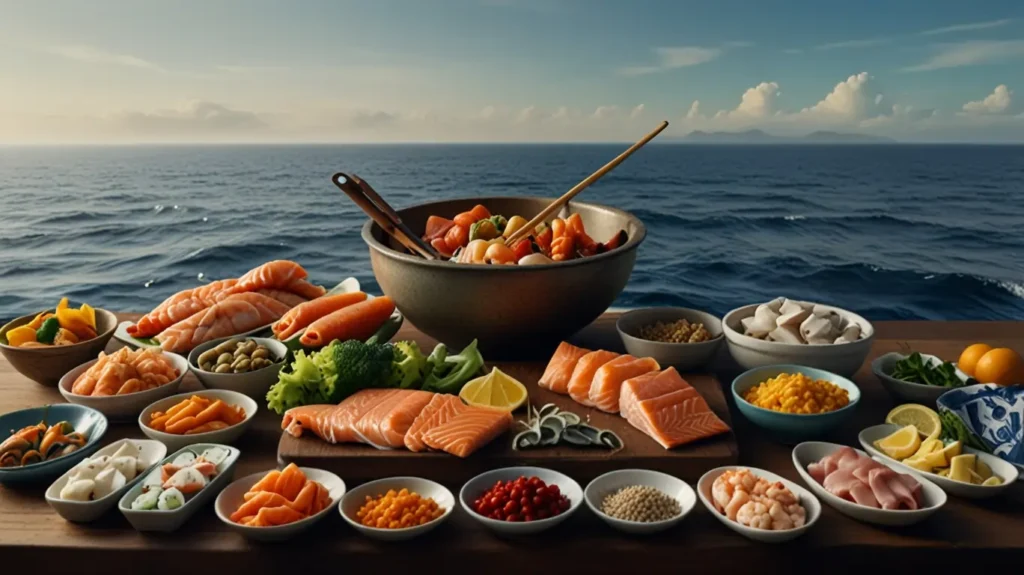 A detailed illustration depicting the advantages and disadvantages of eating fish. In the foreground, an array of fresh seafood including salmon, tuna, and shrimp, surrounded by health icons and nutrient symbols to signify the nutritional benefits. In the middle ground, a scale balances the pros and cons of fish consumption, with vitamins, Omega-3s, and protein on one side, and potential mercury contamination and sustainability concerns on the other. The background features a serene ocean landscape, hinting at the environmental impact of fishing. Soft natural lighting emphasizes the vibrant colors of the seafood, creating an informative yet visually appealing composition to accompany the article.