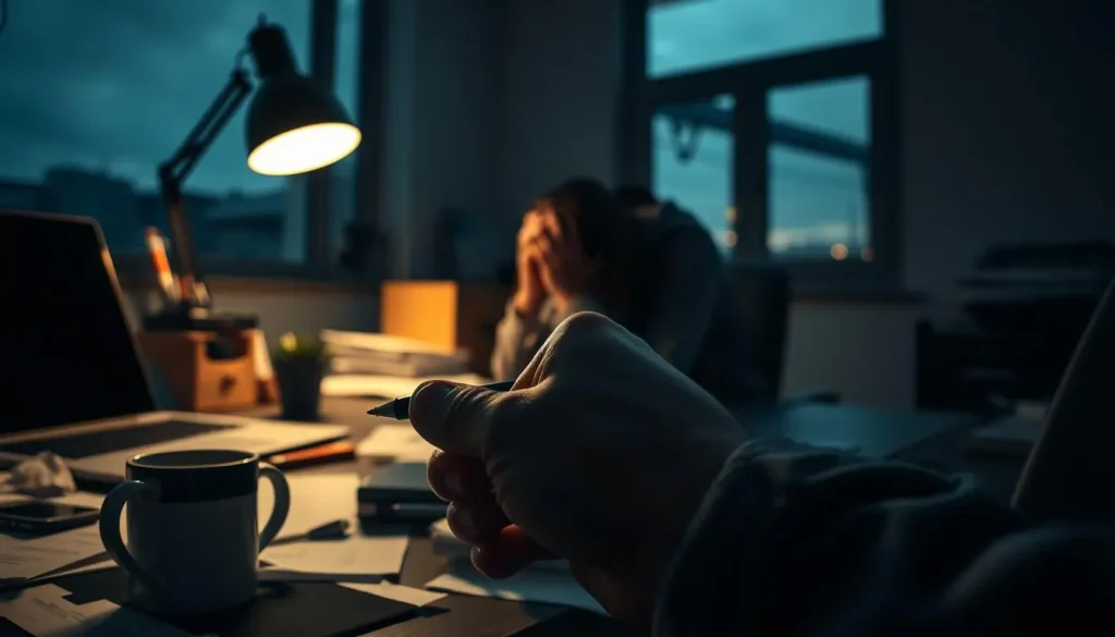 A dimly lit office at dusk, the air thick with tension. In the foreground, a desk cluttered with scattered papers, a frayed coffee mug, and a laptop emitting a harsh glow. On the desk, a hand grips a pen tightly, knuckles white with strain. The middle ground reveals a person hunched over, face in hands, shoulders slumped with exhaustion. In the background, a window offers a glimpse of the outside world, a stark contrast to the claustrophobic office space. Shadows cast by the desk lamp create a sense of unease, while the muted color palette evokes a sense of burnout and emotional fatigue. The overall scene conveys the palpable signs of work-related stress.