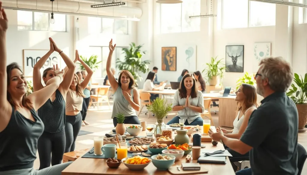 A serene, sun-dappled office space filled with the laughter and camaraderie of employees engaged in a variety of wellness activities. In the foreground, a group of colleagues stretching and doing yoga poses, their faces relaxed and rejuvenated. In the middle ground, a table overflows with healthy snacks and beverages, while employees chat animatedly. In the background, an open-plan layout with abundant natural light, potted plants, and inspirational artwork on the walls, creating a calming, restorative atmosphere. The scene conveys the importance of prioritizing employee wellbeing, with a focus on physical, mental, and social aspects of holistic self-care.