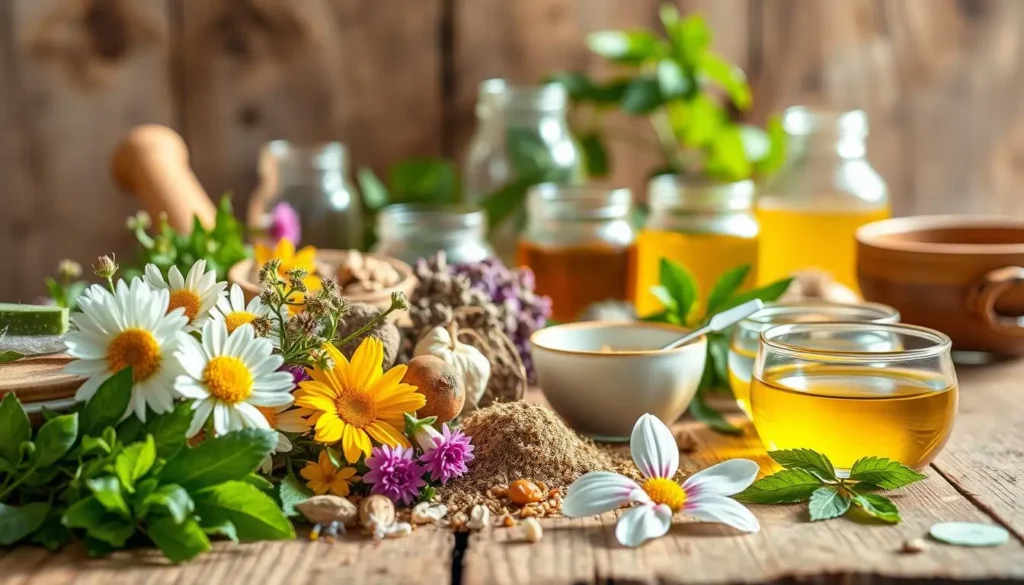 A vibrant collection of natural ingredients arranged on a rustic wooden table, bathed in warm, natural lighting. In the foreground, an assortment of herbs, flowers, and botanical extracts - such as chamomile, aloe vera, and vitamin E - showcasing their potential as soothing, corrective lip treatments. In the middle ground, glass jars and ceramic bowls hold various homemade concoctions, hinting at the remedies' homespun origins. The background features a softly blurred, earthy backdrop, creating an inviting, apothecary-like atmosphere, perfect for highlighting these alternative lip-lightening solutions.