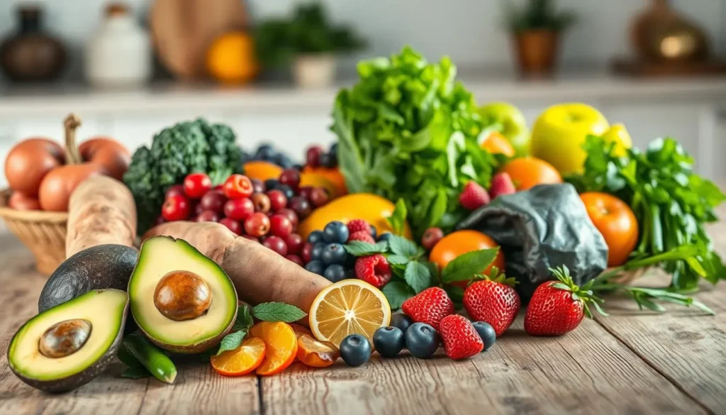 A vibrant still life featuring an assortment of fruits, vegetables, and herbs that promote lip health. In the foreground, ripe avocado, sweet potatoes, and leafy greens are arranged artfully on a rustic wooden table, illuminated by soft, natural lighting. In the middle ground, juicy berries, citrus fruits, and aromatic herbs like rosemary and mint add pops of color and texture. The background is slightly blurred, hinting at a serene, minimalist kitchen setting. The overall mood is one of nourishment and vitality, capturing the essence of a nutritious diet for radiant, healthy lips.
